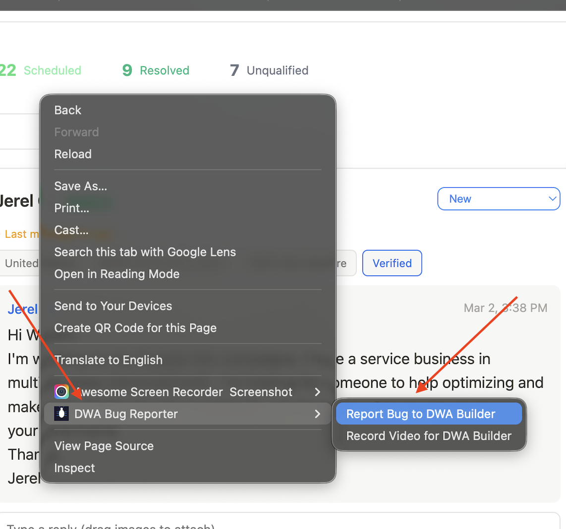 Right-click context menu showing DWA Bug Reporter options