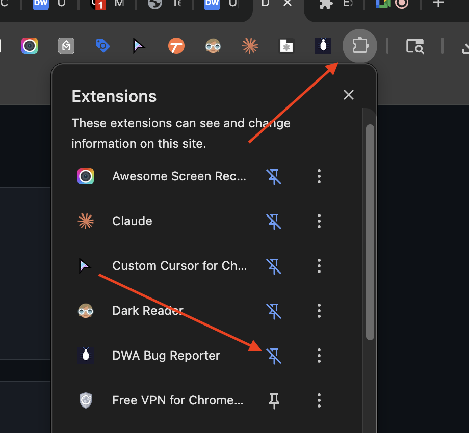 Pin the DWA Bug Reporter extension